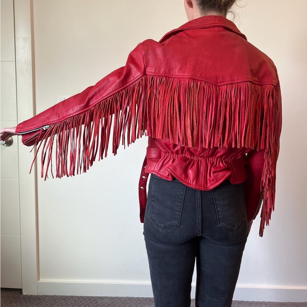 Diamond LEATHER red fringe jacket - no size but fits like a xsmall / small